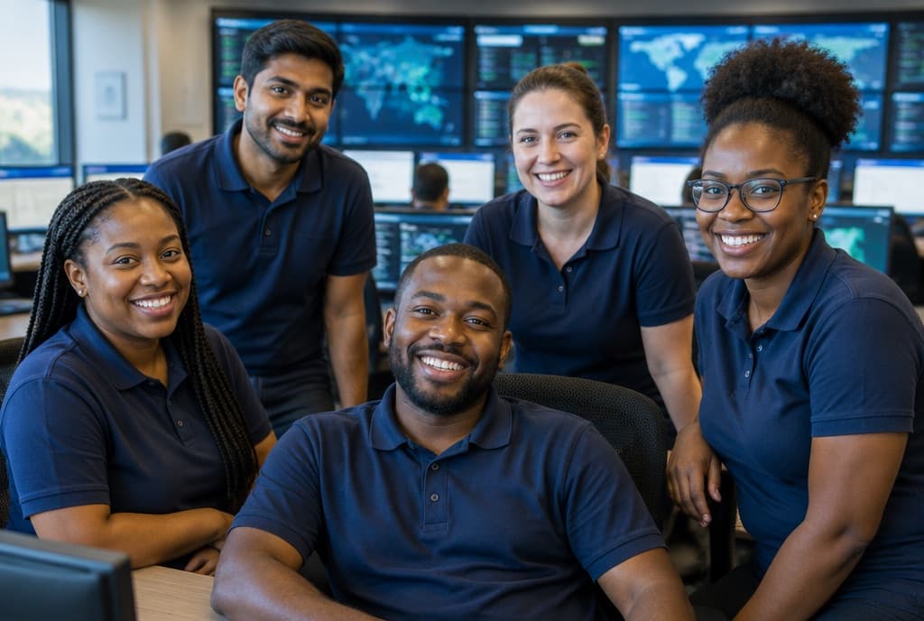 Five colleagues together in a network operations centre