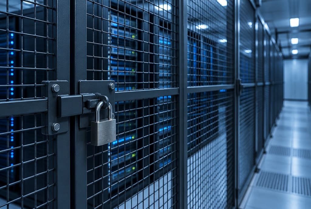 A padlocked steel mesh cage enclosing server racks in a data centre aisle